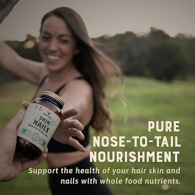 Heart &amp Soil – 100% Grass Fed &amp Finished Hair Skin and Nails Supplement from Regenerative Cattle with Cartilage Liver &amp Bone Marrow – 3000mg Beef Organs for Women &amp Men – Glass Bottl