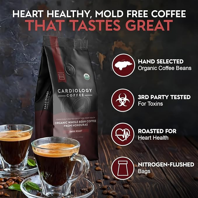 Cardiology Coffee – Whole Bean Coffee – USDA Certified Organic Mold Free 12oz Dark Roast Coffee Beans - Organic Barista-Style Beans with Antioxidant Benefits – Perfect for Heart Healthy Lifestyle