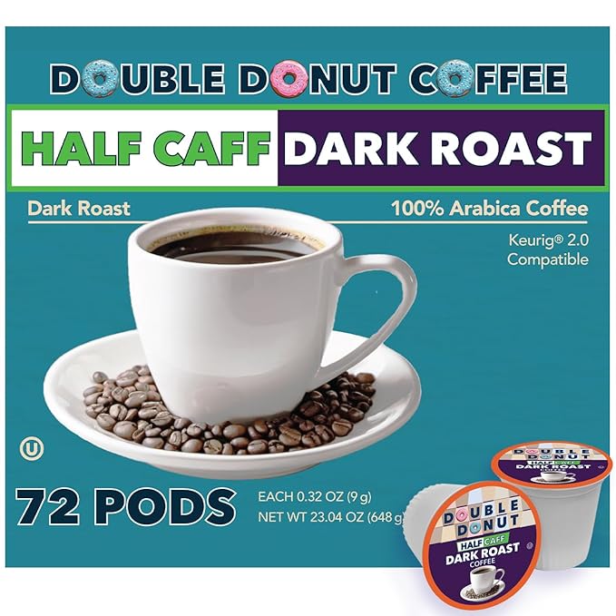 Double Donut Coffee Half Caff Dark Roast Coffee Pods Dark Roast Coffee Compatible with Keurig K Cups Brewers 72 ct