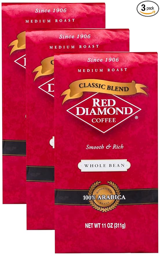 Red Diamond Whole Bean Coffee Classic Blend Medium Roast Premium Arabica Whole Beans Smooth &amp Rich Flavor 11 Ounce Resealable Bag (Pack of 3)