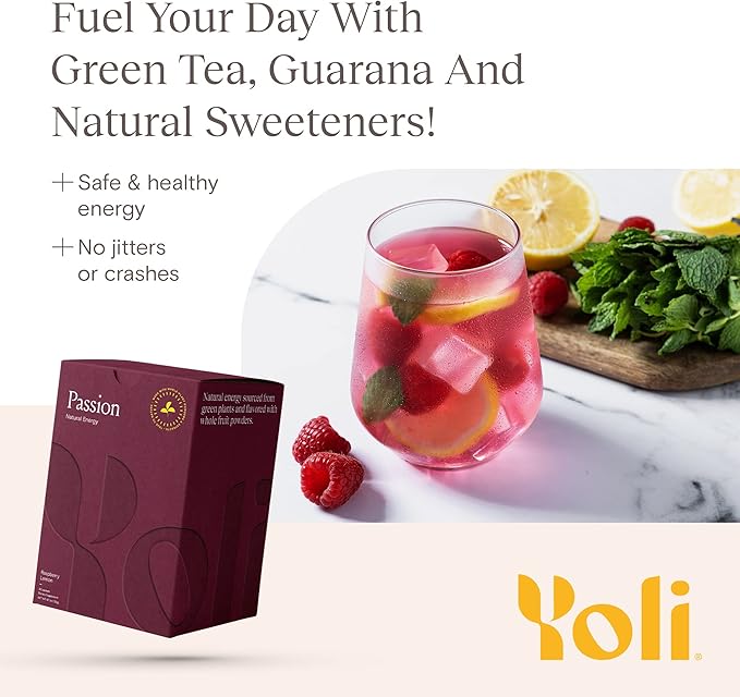 Yoli® Passion Energy Drink Powder Mix - Natural Energy Drink Mix for Endurance and Stamina 30 Packets - Raspberry Lemon