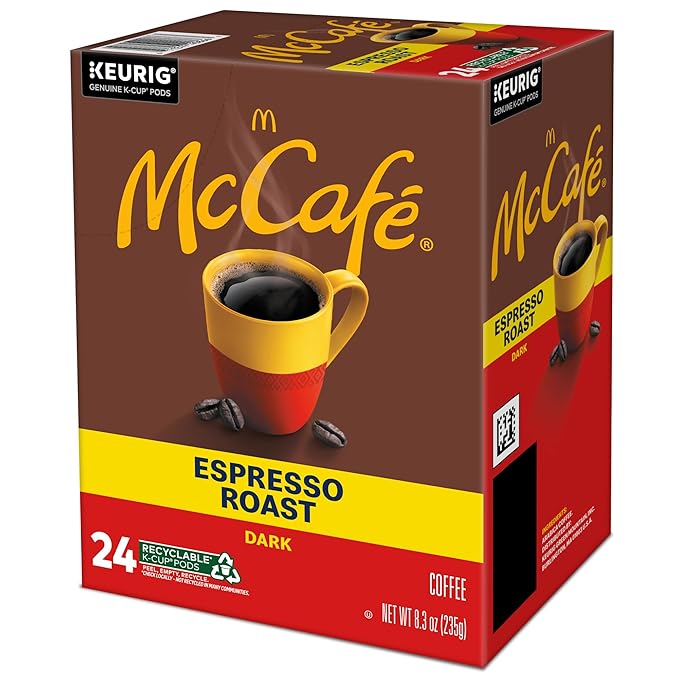 McCafe Espresso Roast Coffee Keurig Single-Serve K-Cup Pods 96 Count (4 Packs of 24) Dark Roast Made with Arabica Beans Bold Flavor with Bittersweet Chocolate &amp Toasted Nut Notes