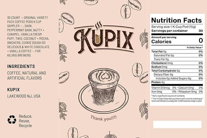 30 Count -- Original Variety Pack Coffee Pods K Cup Sampler --  Dark Peppermint Bark Nutty + Caramel Vanilla Cream Puff Twix Coconut + Mocha Snickers Cookie Dough So Delicious &amp White Choc