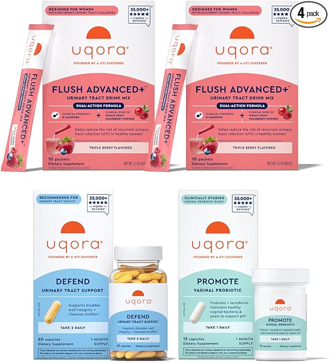 Uqora Flush Advanced+ Regimen with Flush Advanced+ (2 Pack) - Cranberry to Reduce Risk of Recurrent UTI** - Defend &amp Promote - D-Mannose Vitamin C Green Tea Extract &amp Probiotics - 3-Part Bun