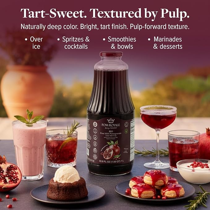 Pure Pomegranate Juice with Pulp 33.8oz Glass Bottle (Pack of 4) Cold Pressed Juice Not from Concentrate Non-GMO No Sugar Added Gluten Free Kosher Certified Preservative Free