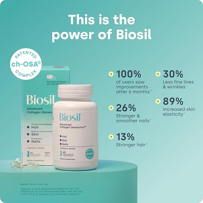 Biosil Collagen Booster Supplement - 180 Vegan Capsules - Patented ch-OSA Activator for Skin Hair Nails &amp Joints - Supports Natural Production - 90-Day Supply