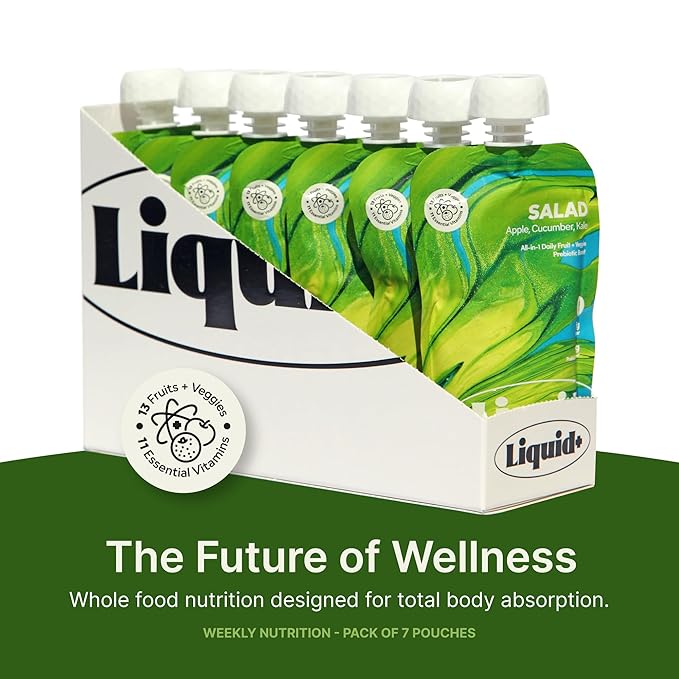 Liquid Salad High Fiber Veggie Pouches by Liquid Plus Convenient Greens Smoothie with Prebiotic Fiber Superfoods Veggies and Fruits Healthy Vegan and Gluten Free Snacks with 15 Vitamins &amp Mine