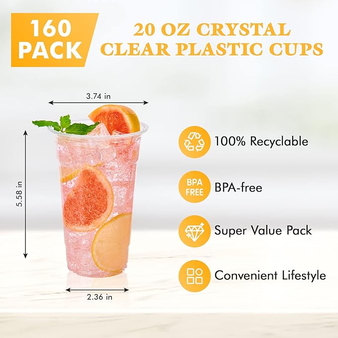 Vplus 160 Pack 20 OZ PET Clear Plastic Cups with Lids 20 OZ Crystal Cold Disposable Drinking Plastic Cups with Flat Lids Perfect for Ice Coffee Smoothie Juice