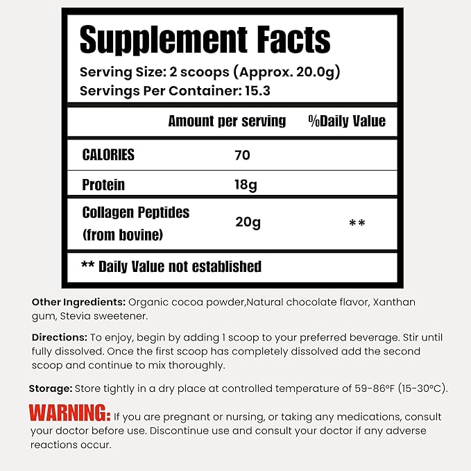 LHA Collagen Peptides Powder Chocolate Flavor Dietary Supplement for Skin Hair Nails Bone &amp Joint Support 10 oz