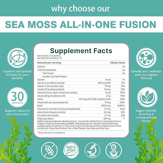 Revive Hair Gummies - Sea Moss Gummies with Hair Skin &amp Nails Vitamins with Seamoss Pearl Powder Vitamin E Aloe Vera Liposomal Vitamin C 30 Count