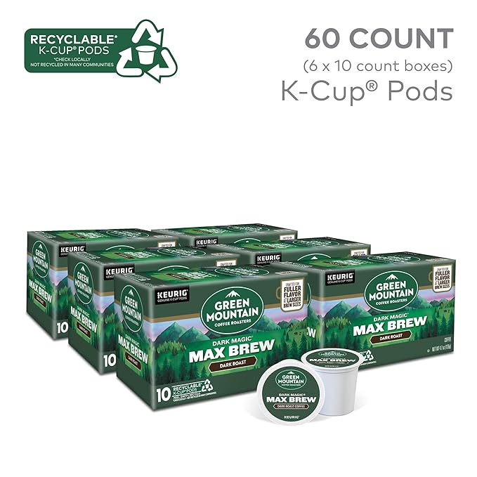 Green Mountain Coffee Roasters Dark Magic Max Brew Single Serve Keurig K-Cup Pods Dark Roast Coffee 60-Count Box (6 Packs of 10)