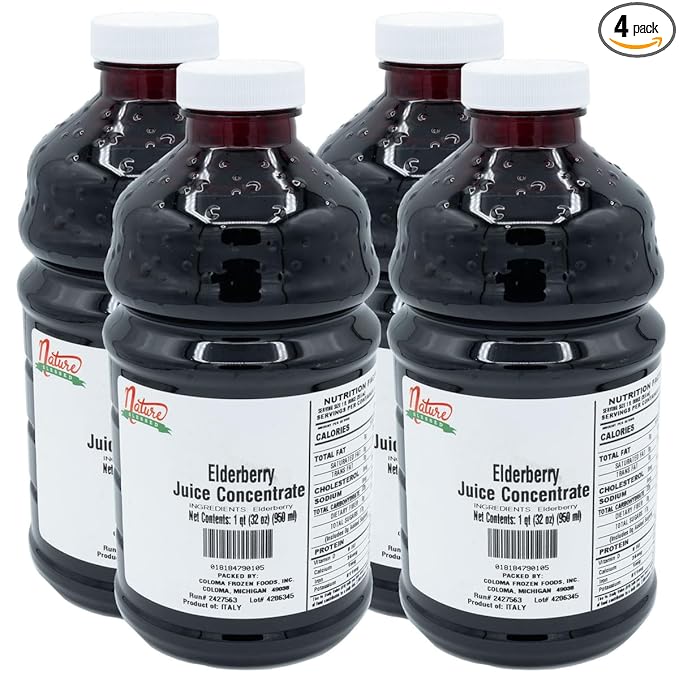 Nature Blessed 100% Pure Elderberry Fruit Juice Concentrate - 4 Quarts (4/32 fl oz bottles) Excellent for Mead Brewing Beer Jelly Production and Wine