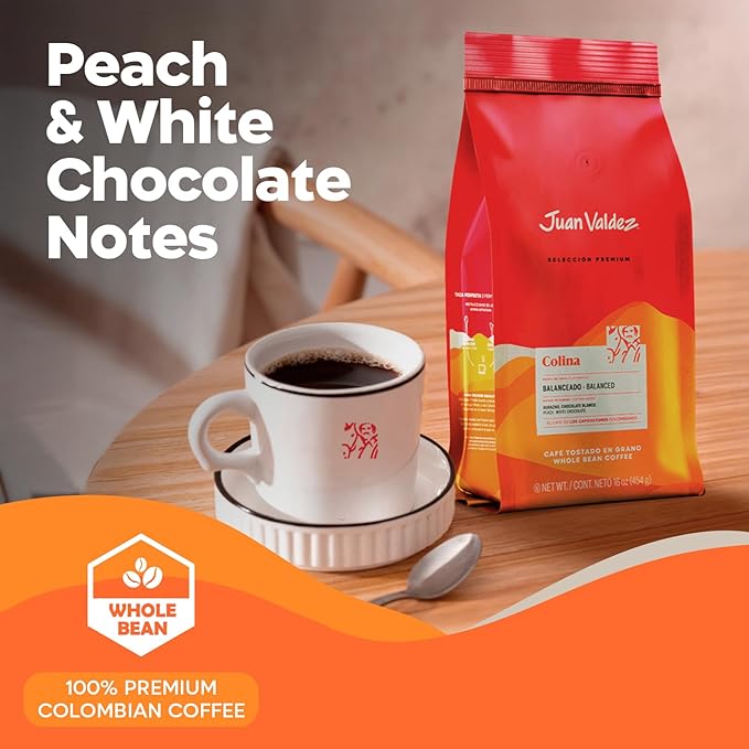 Juan Valdez Colina Whole Bean Coffee - Medium Roast | 16 oz - 100% Colombian Coffee | Unique “Caracolito” Beans with Peach &amp White Chocolate Notes