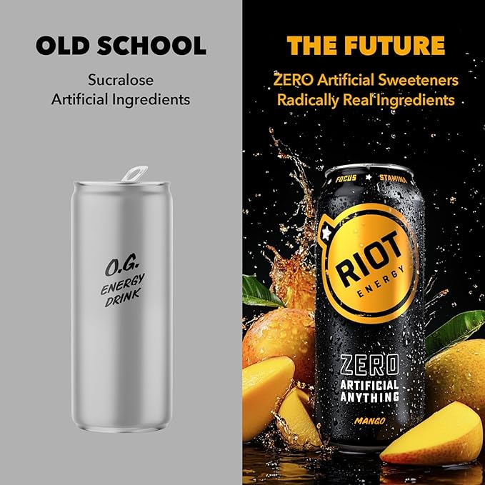 RIOT Clean Energy Drink Mango Zero Artificial Anything No Sucralose Made with Real Fruit No Sugar Added Natural Healthy Energy Stamina &amp Focus 16 Fl Oz (Pack of 12)