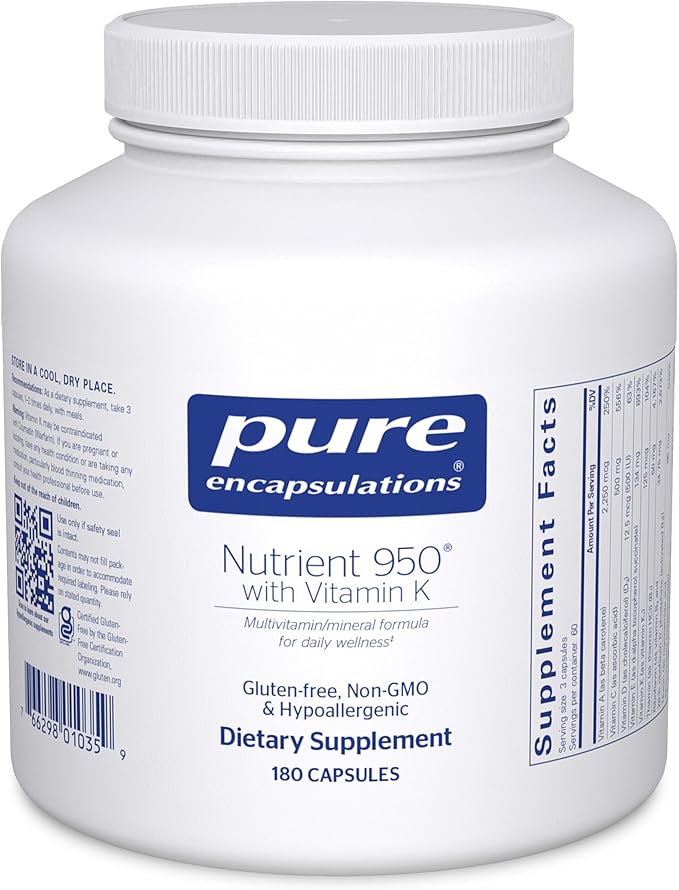 Pure Encapsulations Nutrient 950 with Vitamin K 180's - Multivitamin &amp Mineral Supplement - Bone &amp Arterial Support* - Optimal Absorption - Gluten Free &amp Non-GMO - 180 Capsules