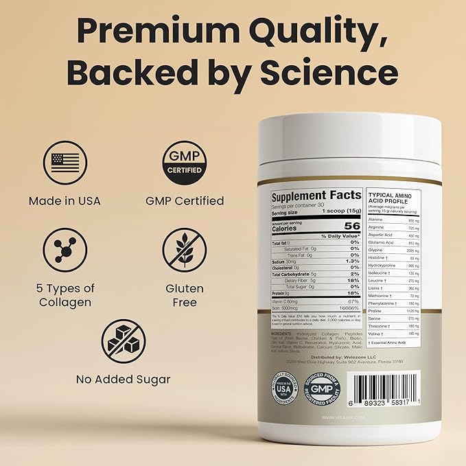 VITASEI Hydrolyzed Collagen Peptides Powder with Resveratrol &amp Vitamin C – Hair Skin &amp Joint Support – Colágeno Hidrolizado for Women &amp Men – Delicious Cookies &amp Cream Flavor 16 oz (