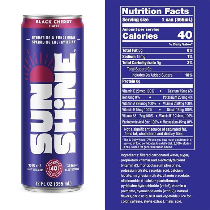 Sunshine Sparkling Energy Drink Black Cherry with Daily Essential Vitamins 360mg of Electrolytes 70mg of Natural Caffeine 12 Fl Oz (Pack of 12)