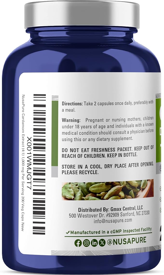 NusaPure Cardamom Capsules 1000 mg 200 Veg Capsules (Non-GMO Vegan)