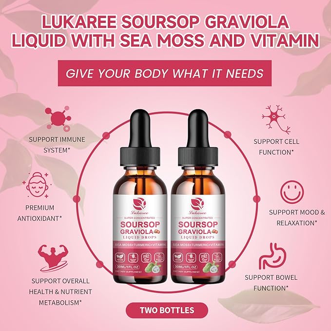 (2 Pack) Soursop Graviola Leaf Extract Liquid Drop Plus Pure Botanical Sea Moss for Cell Support &amp Regeneration Immunity and Gut Health Soursop Bitters Liquid丨Full TextureStrawberry Flavor1 Fl
