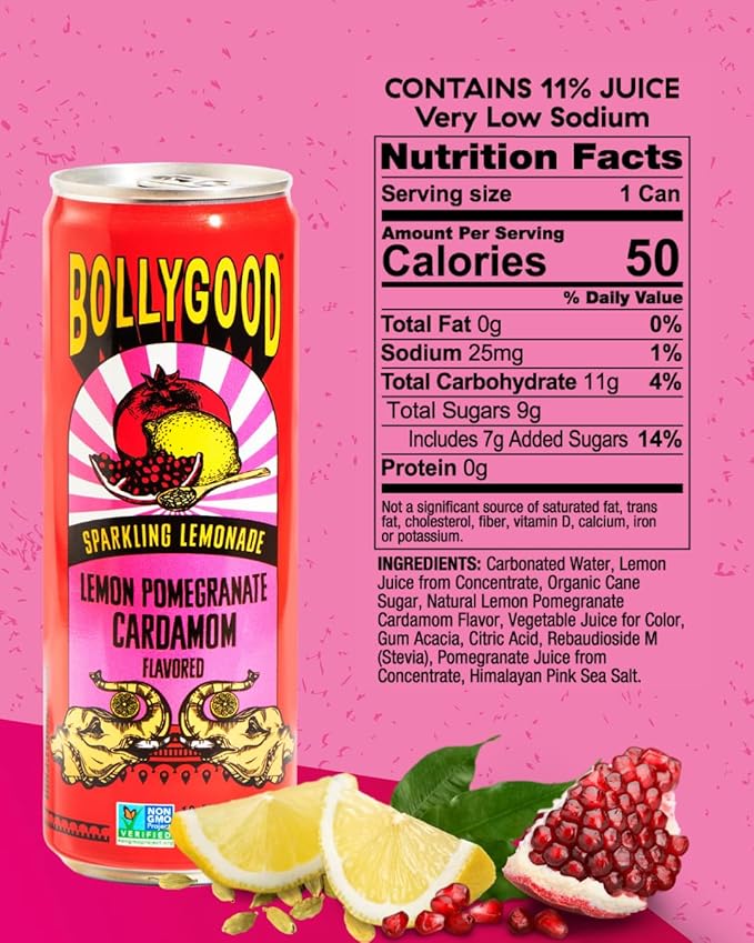 Bollygood Sparkling Lemonade Lemon Pomegranate Cardamom Indian Inspired Beverage Nimbu Pani No Artifical Colors or Flavors Non-GMO Project Verified 12 FL OZ Cans (Pack of 12)