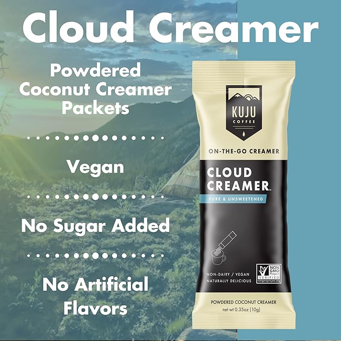 Kuju Coffee Premium Pour Over Individual Coffee Packets and Cloud Creamer Bundle - Backpacking Travel Camping Coffee Singles and Non Dairy Coconut Coffee Creamer Powderk (Basecamp Blend)