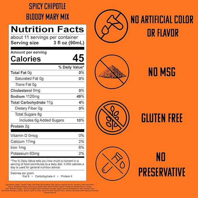 SPOOKY - Spicy Chipotle Bloody Mary Mix - Made With Premium Natural Ingredients - No Artificial Color or Flavor - No Preservative No MSG Low Carb Low Calorie &amp Gluten Free - 32 Oz (Pack of 2)