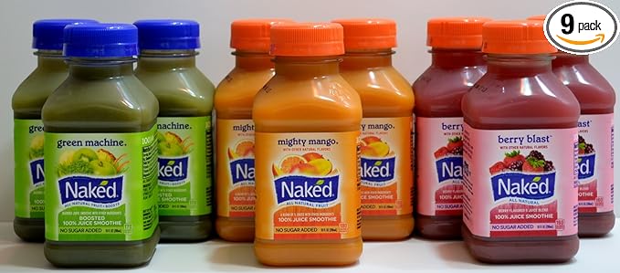 Naked Variety Pack Juice Smoothie 3 Mighty Mango 3 Green Machine 3 Berry Blast Total 9 Bottles (10 FL OZ per Bottle)