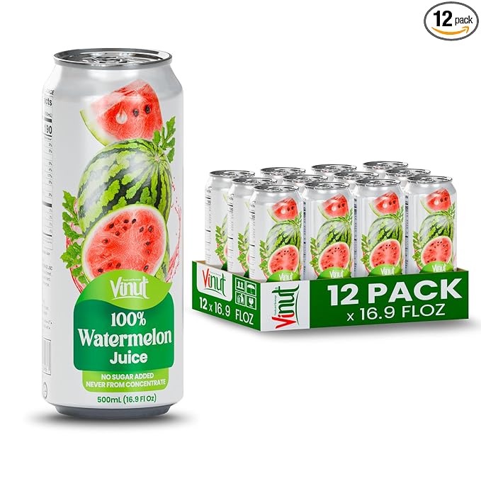 VINUT 100% Watermelon Juice No Added Sugar Not From Concentrate 16.9 fl oz (500 mL) Can Pack of 12