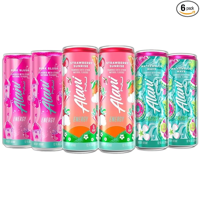 New Alani Energy Drinks Strawberry Sunrise Watermelon Wave Pink Slush Flavors Variety Pack Sugar-Free Low-Calorie 200mg Caffeine Energy Boost Drink 12 fl oz (Pack of 6)
