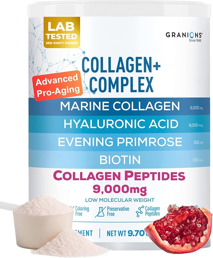 Marine Collagen Powder Supplement - Type I Hydrolyzed Marine Collagen Peptides Protein Biotin Hyaluronic Acid Vitamin C Vital Antioxidants - Skin Supplements for Women - Pomegranate 9.7oz
