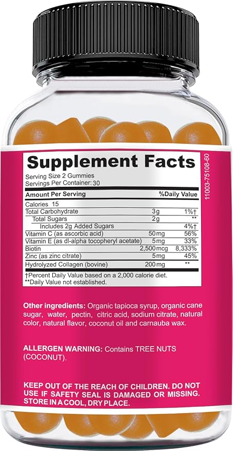 200mg Hydrolyzed Gummy Collagen for Women &amp Men. 2500mcg Biotin Gummies with 5mg Vitamin E 50mg Vitamin C &amp 5mg Zinc. Gluten-Free Non-GMO Keto Friendly Adult Biotin and Collagen Vitamins