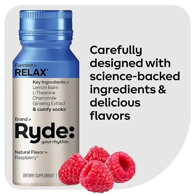 Ryde: Relax Shot | Raspberry Flavor | Lemon Balm L-Theanine Ginseng &amp Chamomile | 0 Calories 0 Sugar | 2 FL OZ Shots | Helps You Relax* (8 Pack)
