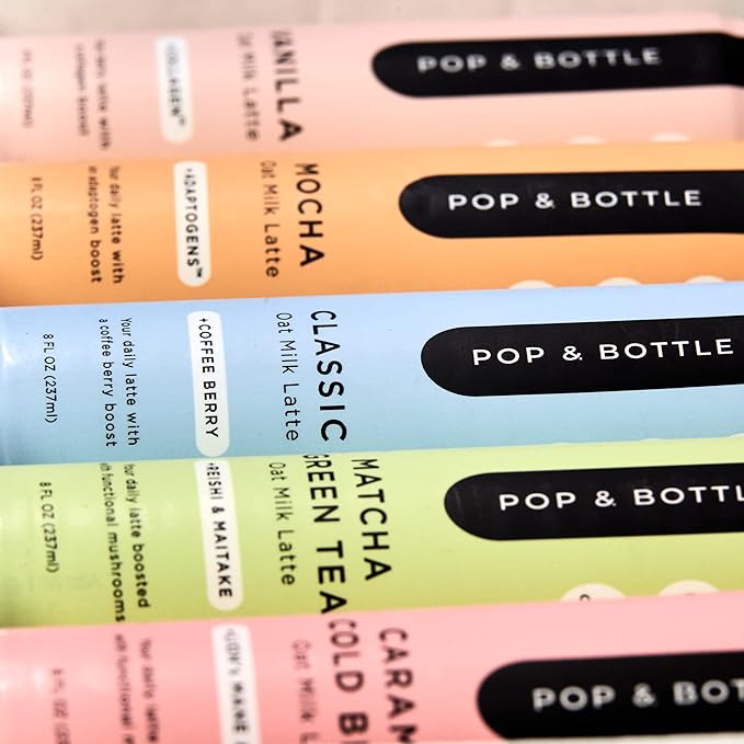 Pop &amp Bottle Oat Milk Lattes - Maca Antioxidants Ashwagandha MCT Oil Collagen Mushrooms Organic Dairy &amp Gluten Free Great as Iced Coffee Lightly Sweetened with Dates - 8 Fl Oz (5 Pac