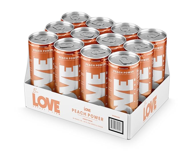 Be LOVE Energy + Flow – 80mg Natural Caffeine L-Theanine &amp Alpha-GPC for Clean Calm Focus – Zero Sugar Low Calorie 100% DV B-Vitamins – Non-GMO Vegan – 12 fl oz (Pack of 12) (Peach Power)
