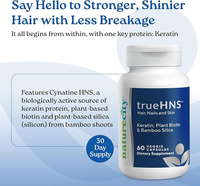 NatureCity True-HNS Hair Nails and Skin Cynatine Keratin and Plant Based Biotin Vitamin Supplement |Fuller and Stronger Hair and Nails|Non GMO| 120 Veggie Capsules