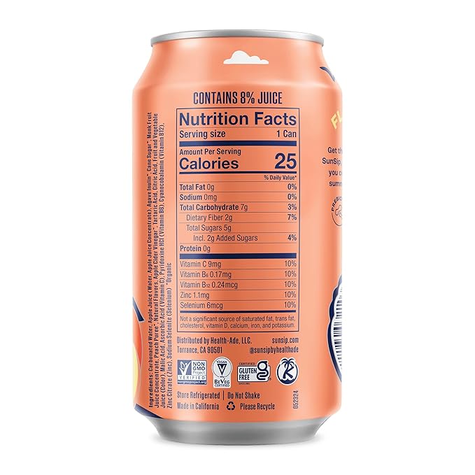 SunSip Prebiotic Soda by Health-Ade Better-for-You Soda Swap Beverage with Vitamins &amp Minerals Naturally Sweetened with 5g of Sugar Peach 11.5 oz (12 Pack)