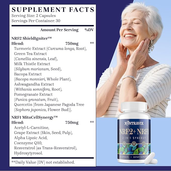 NRF1 &amp NRF2 Supplement 1500mg | Dual Activator with CoQ10 Curcumin Trans Resveratrol &amp Ashwagandha | Antioxidant for Oxidative Stress Wellness Aging &amp Cellular Energy | 60 Capsules (1 B