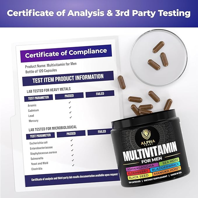 Alpha Tribe Multivitamin for Men &amp Organizer w/Seamoss Black Seed Oil Ashwagandha Burdock Root Turmeric Bladderwrack Vitamin C Elderberry Manuka | Daily Men's Vitamins &amp Minerals Supplemen