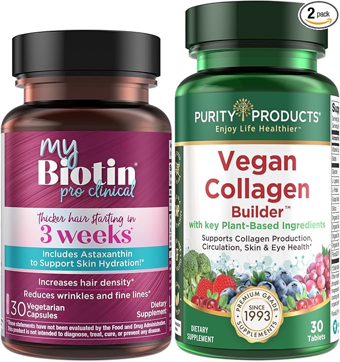 Purity Products Bundle - MyBiotin ProClinical + Vegan Collagen Builder MyBiotin ProClinical (Biotin MB40X Matrix Astaxanthin) - Vegan Collagen Builder (w/Key Plant-Based Ingredients &amp More)