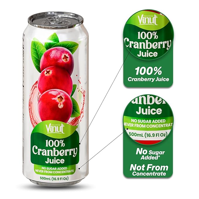 VINUT 100% Cranberry Juice No Added Sugar Not From Concentrate 16.9 fl oz (500 mL) Can Pack of 12