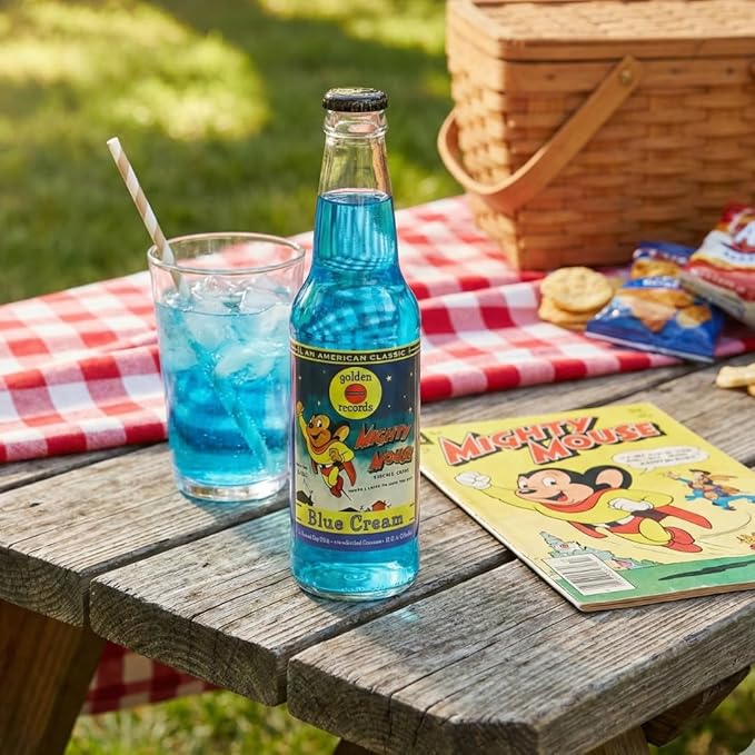Rocket Fizz Mighty Mouse Blue Cream Soda Flavor | Cane Sugar | Craft Soda Pop Drinks | 12 oz in Glass Bottle (6 Pack)