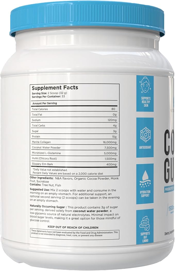 NutraForce Complete Gut Health Powder – Prebiotic Fiber &amp Marine Collagen Supplement with L‑Glutamine &amp Coconut Electrolytes upports Gut Lining Digestion Immune &amp Skin Health 2.2 lb (1