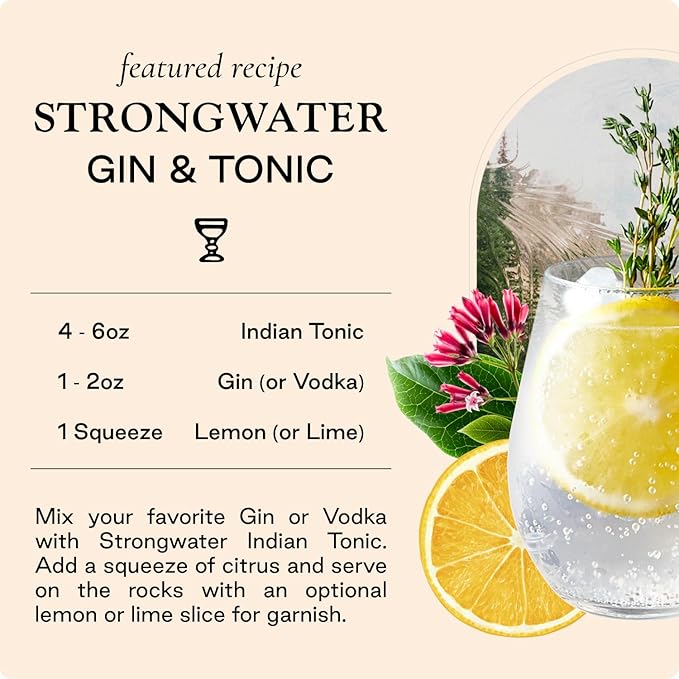 Strongwater Sparkling Indian Tonic Water - 12 Pack Cans (8.4 Fl Oz Each) - Premium Mixer with Quinine Rocky Mountain Water &amp Botanicals - No Added Preservatives Zero Sugar