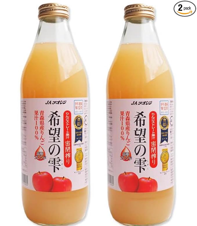 100% Japanese Apple Straight Juice 1000ml (Pack of 2 Glass Bottles) JA Aoren Aomori Shizuku of Hope No Sugar Added No Preservatives Apple Juice from Aomori Prefecture MADE IN JAPAN