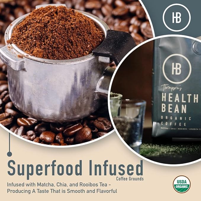Healthy Bean Organic Low Acid Coffee Ground - USDA Organic Mold-Free Superfood Infused Clean and Healthy - Low Acid for Sensitive Stomachs - Semi-Dark Roast Ground Coffee 10oz (6-Pack)