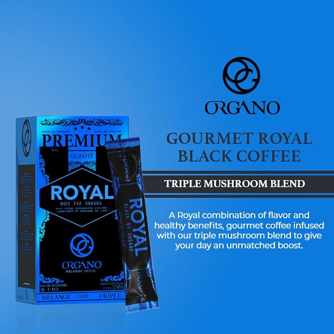 ORGANO Royal Black Medium Dark Roast Instant coffee. Infused with Triple Mushroom Blend Ganoderma Cordyceps and Lion's Mane. Aromatic and flavorful Ground Coffee Beans (25 Sachets)