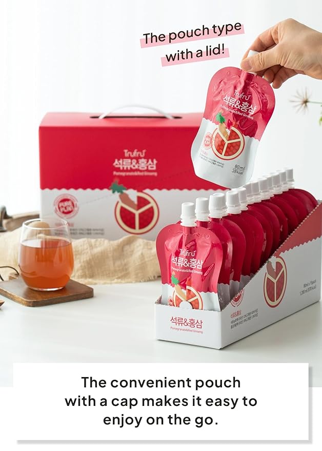 Korean Food Trufru Pomegranate &amp Red Ginseng Essence - All-Natural Zesty Vitality Shot Tart &amp Tangy Morning Boost 15 Individual Pouches (2.7 fl oz Each)