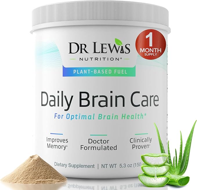 Brain Supplements for Memory and Focus – Dr Lewis Daily Brain Care Powder with Aloe Vera – Plant-Based Nootropic and Energy Supplement for Brain Fog Mental Clarity and Immune Support – Powder 150g