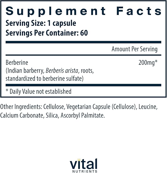 Vital Nutrients Berberine - Supports Healthy Bowel Function and Normal Triglyceride Levels - Vegan Supplement - Gluten Dairy and Soy Free - 200 mg - 60 Capsules