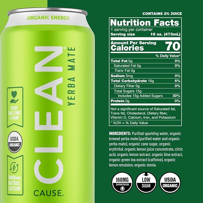 NEW! CLEAN Cause Non-Carbonated Low Calories Low Sugar &amp Zero Calorie Zero Sugar Variety Packs USDA Organic Yerba Mate Tea (15.5oz cans 3-12-Pack Case) 160mg Caffeine